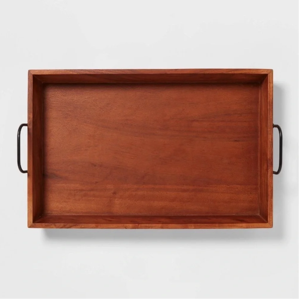 Large Rectangular Wood Tray with Metal Handles